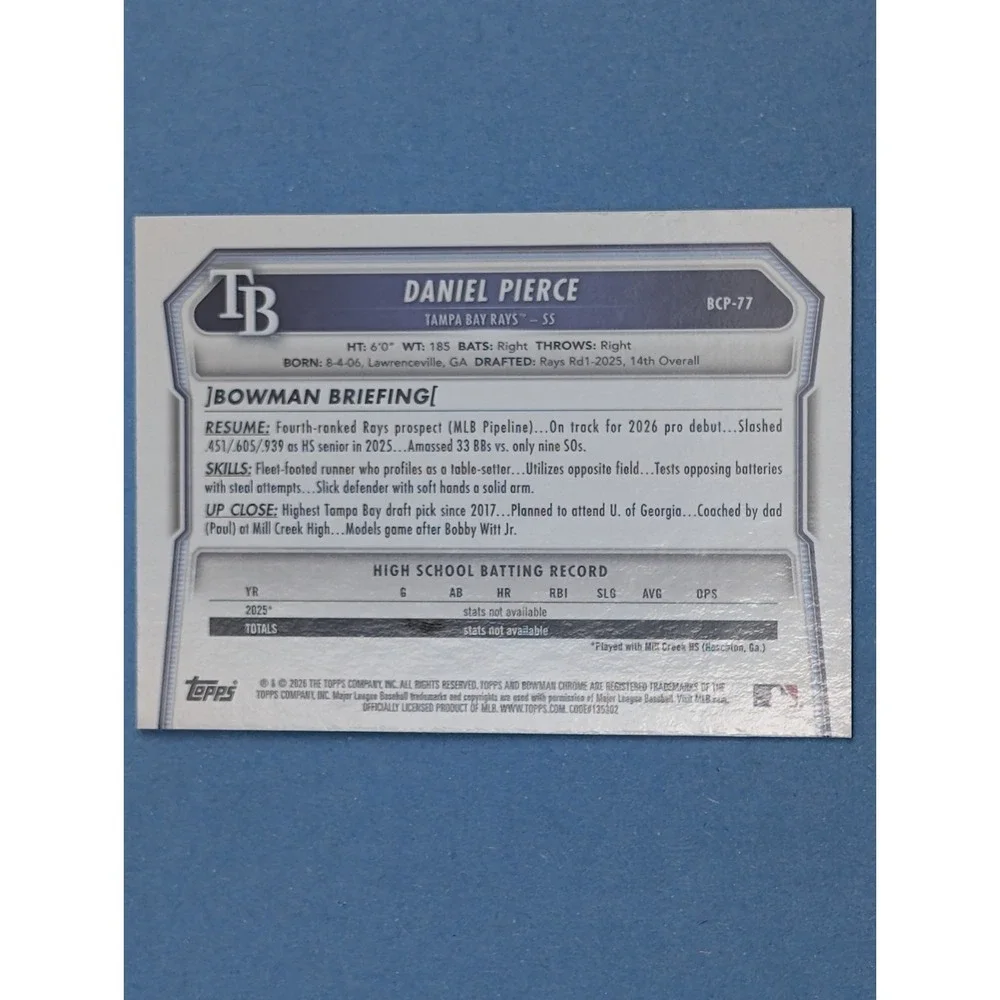 2026 Bowman Chrome Daniel Pierce BCP77 Lazer Refractor Rays